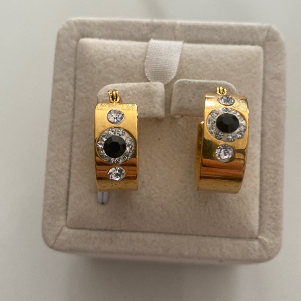Gold tone, silver and black rhinestone costume pierced earrings